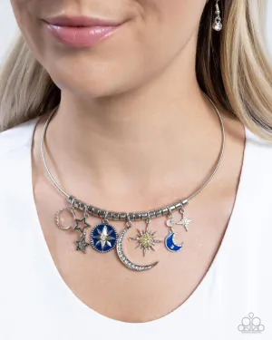 Celestial Ceremony - Multi - Painted Blue and Iridescent and Yellow Rhinestone Star, Sun, and Moon Charm Paparazzi Short Necklace