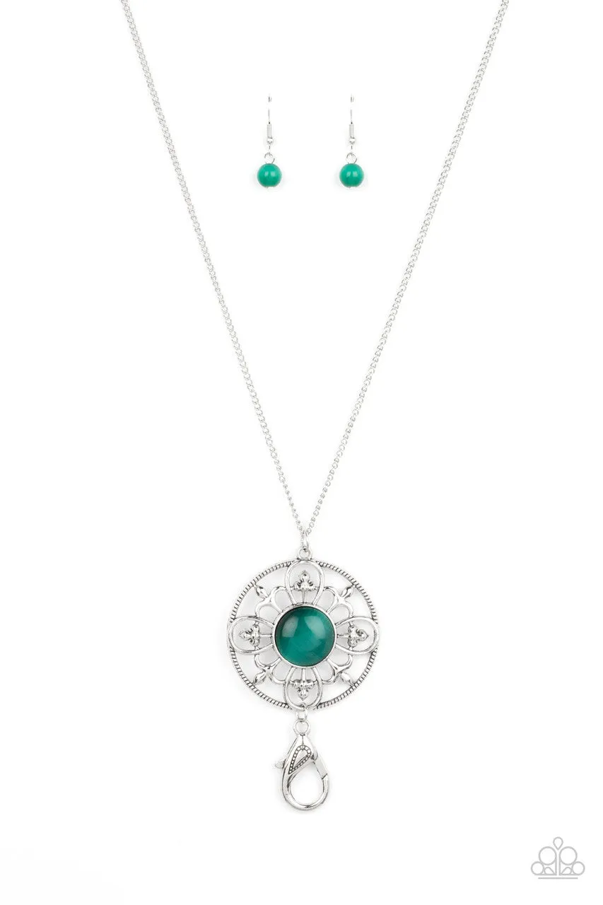 Celestial Compass - Green - Cat's Eye Stone Fleur de lis Pendant Paparazzi Lanyard Necklace