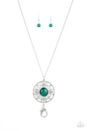 Celestial Compass - Green - Cat's Eye Stone Fleur de lis Pendant Paparazzi Lanyard Necklace