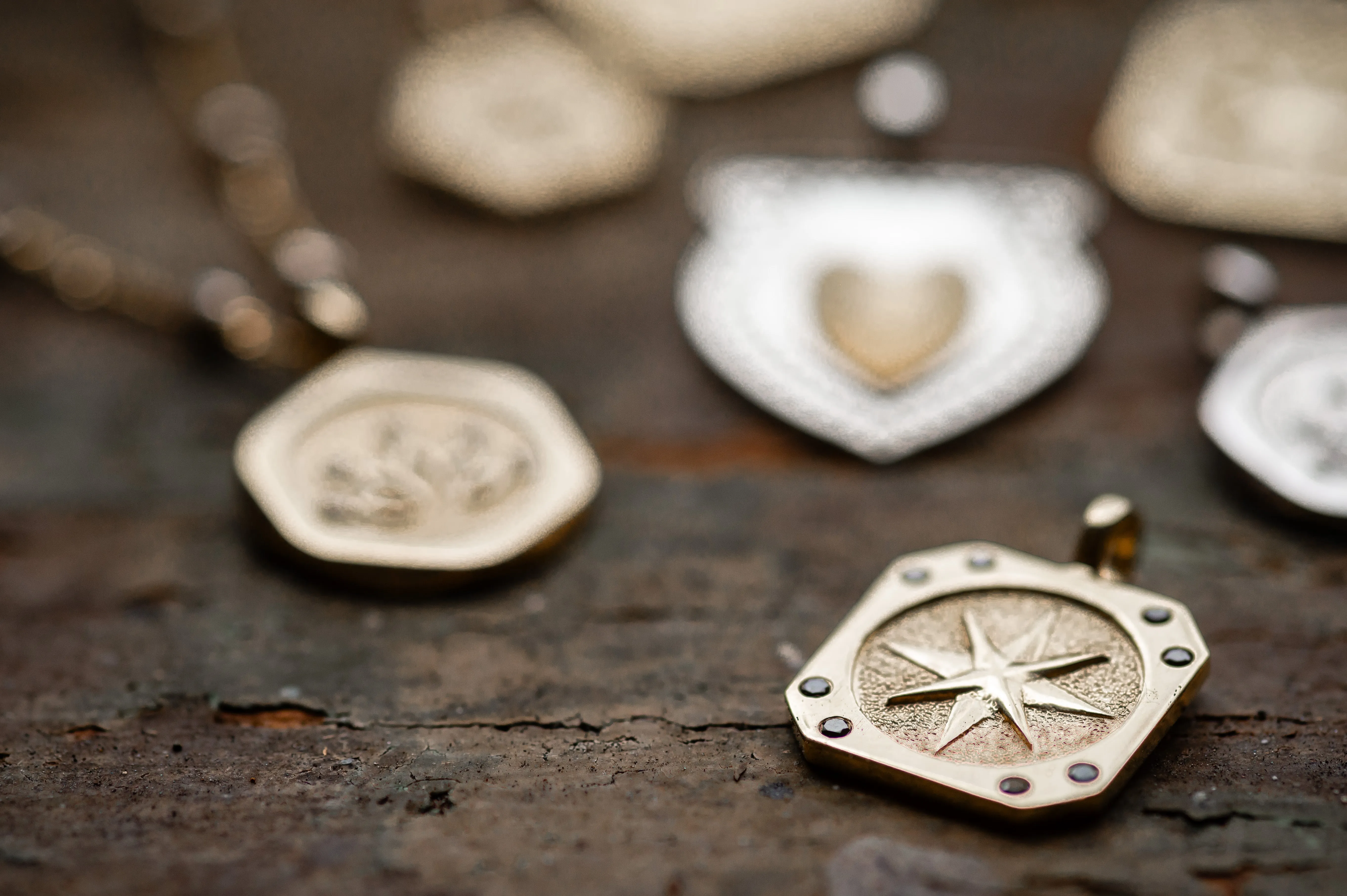 Charmology Black Diamond Compass 14k Gold Medallion