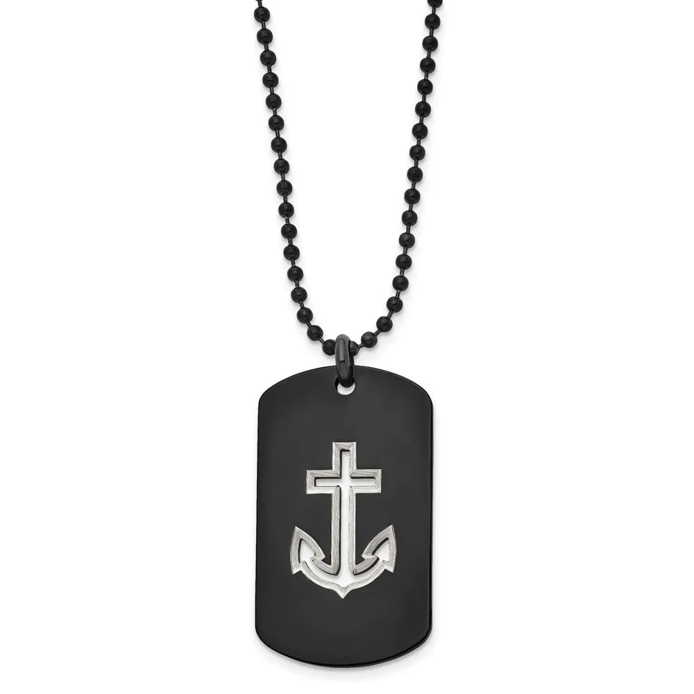 Chisel Stainless Steel Polished Black IP-plated Anchor Dog Tag on a 22 inch Ball Chain Necklace