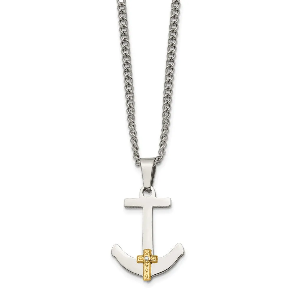 Chisel Stainless Steel Polished with 14k Gold and .02 Carat Diamond Anchor Mariner Cross Pendant on a 24 inch Curb Chain Necklace