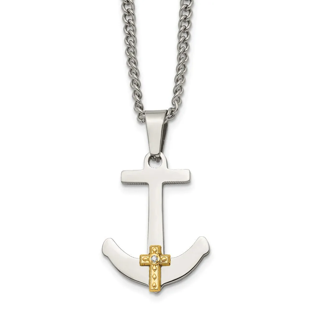 Chisel Stainless Steel Polished with 14k Gold and .02 Carat Diamond Anchor Mariner Cross Pendant on a 24 inch Curb Chain Necklace