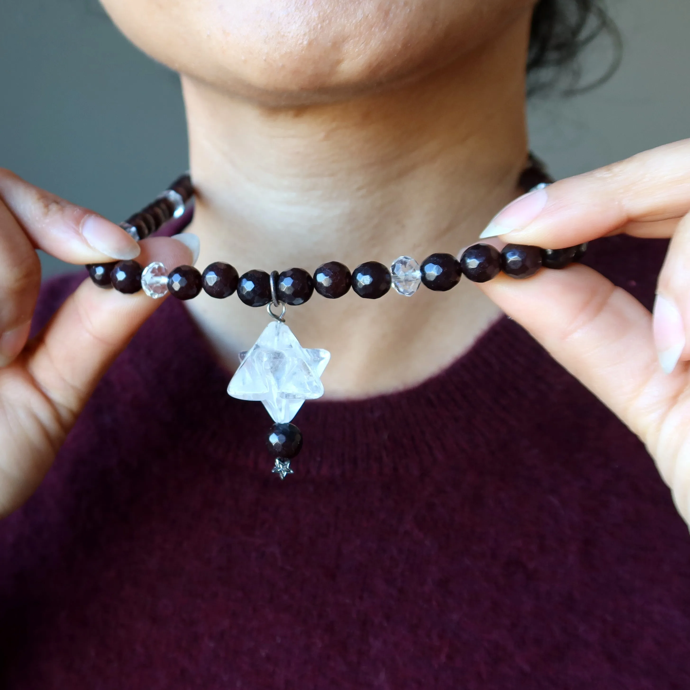 Clear Quartz Necklace Merkaba Star Chalcedony