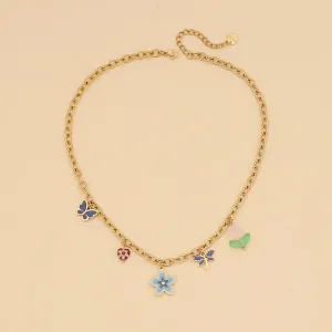 Colorful Flower Butterfly Necklace Elegant Stainless Steel Clavicle Chain