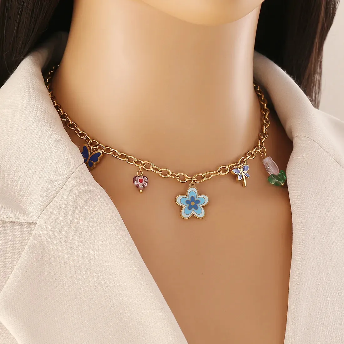 Colorful Flower Butterfly Necklace Elegant Stainless Steel Clavicle Chain
