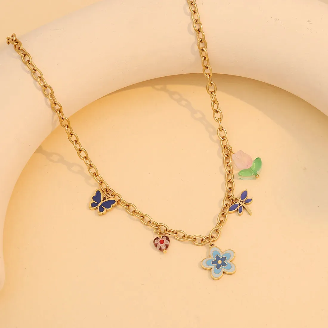 Colorful Flower Butterfly Necklace Elegant Stainless Steel Clavicle Chain