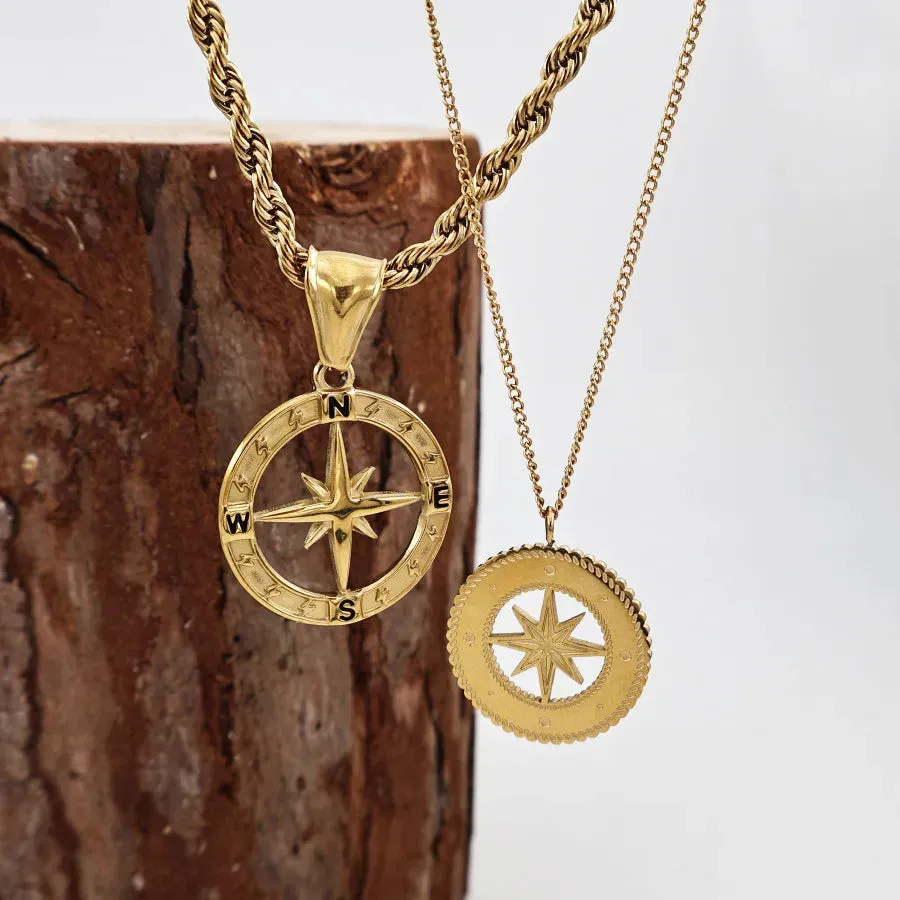 Compass 304 Stainless Steel Zircon 18K Gold Plated Plating Pendant Necklace Cable Chain