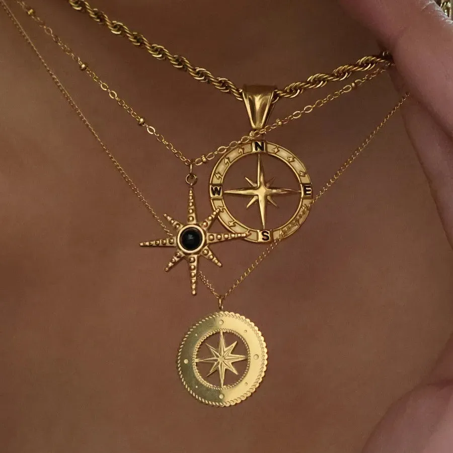 Compass 304 Stainless Steel Zircon 18K Gold Plated Plating Pendant Necklace Cable Chain