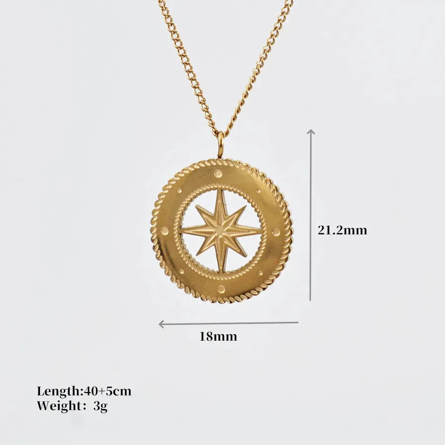 Compass 304 Stainless Steel Zircon 18K Gold Plated Plating Pendant Necklace Cable Chain