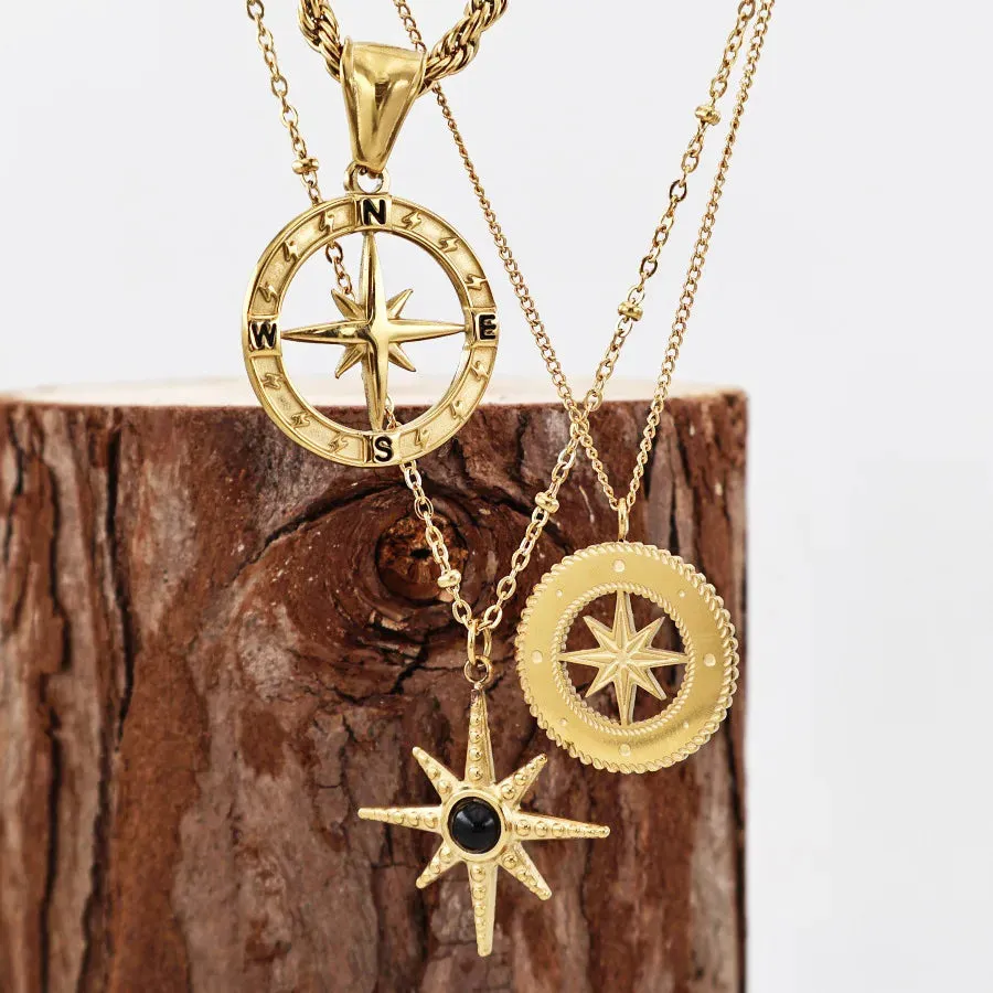 Compass 304 Stainless Steel Zircon 18K Gold Plated Plating Pendant Necklace Cable Chain