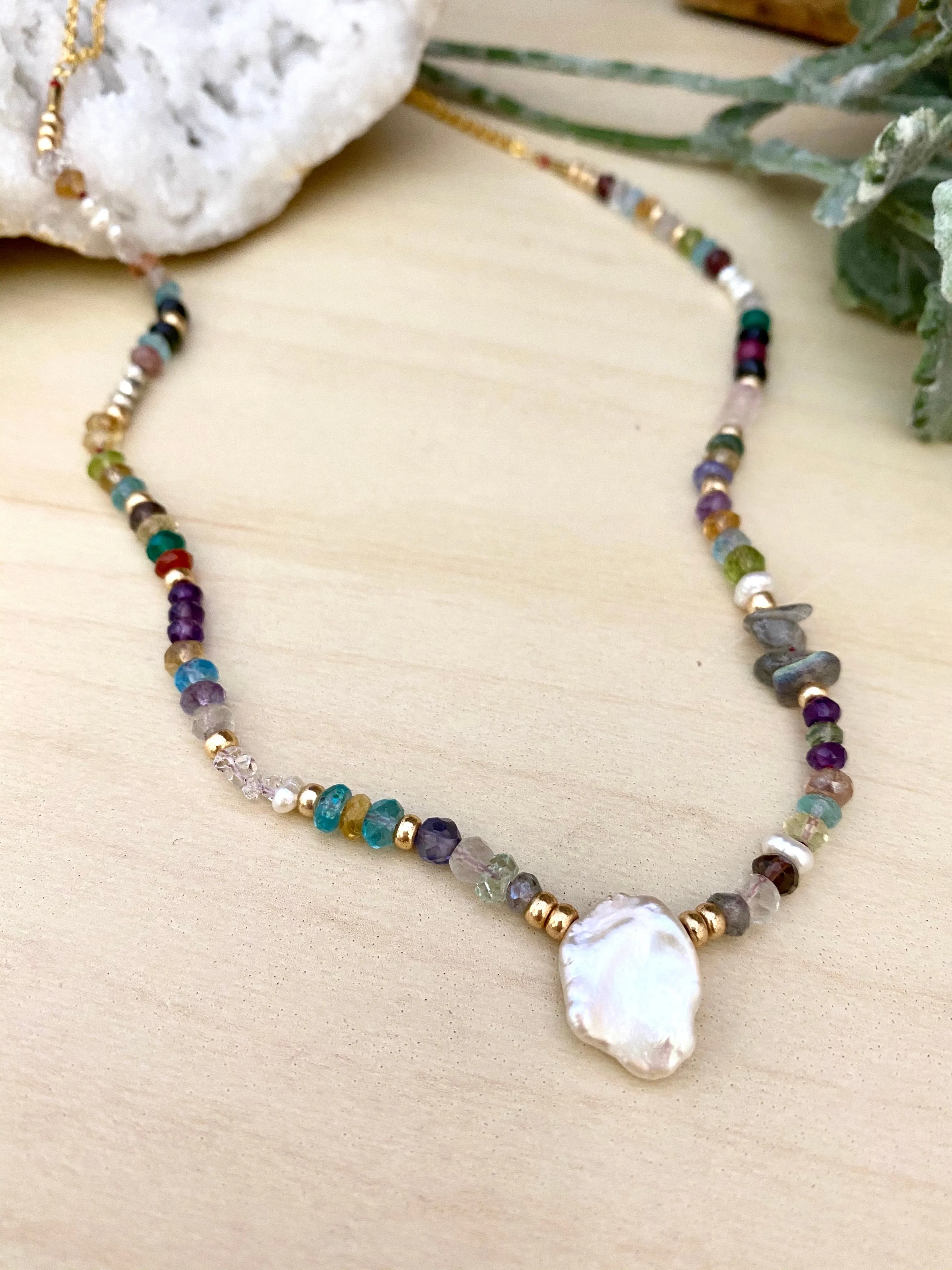 Confetti Colourful Pearl and Gemstone Statement Necklace - Adjustable 16 to 18 inches