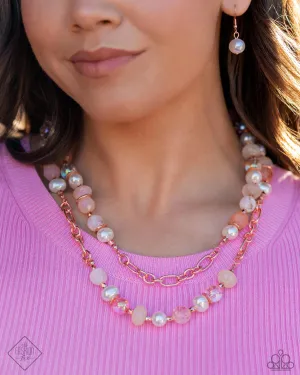 Crack of Dawn - Copper - Ivory, Peach, and Pink Beads with White Pearls Tiered Paparazzi Short Necklace - May 2024 Glimpses of Malibu Trend Blend Fashion Fix Collection May 2024 Glimpses of Malibu