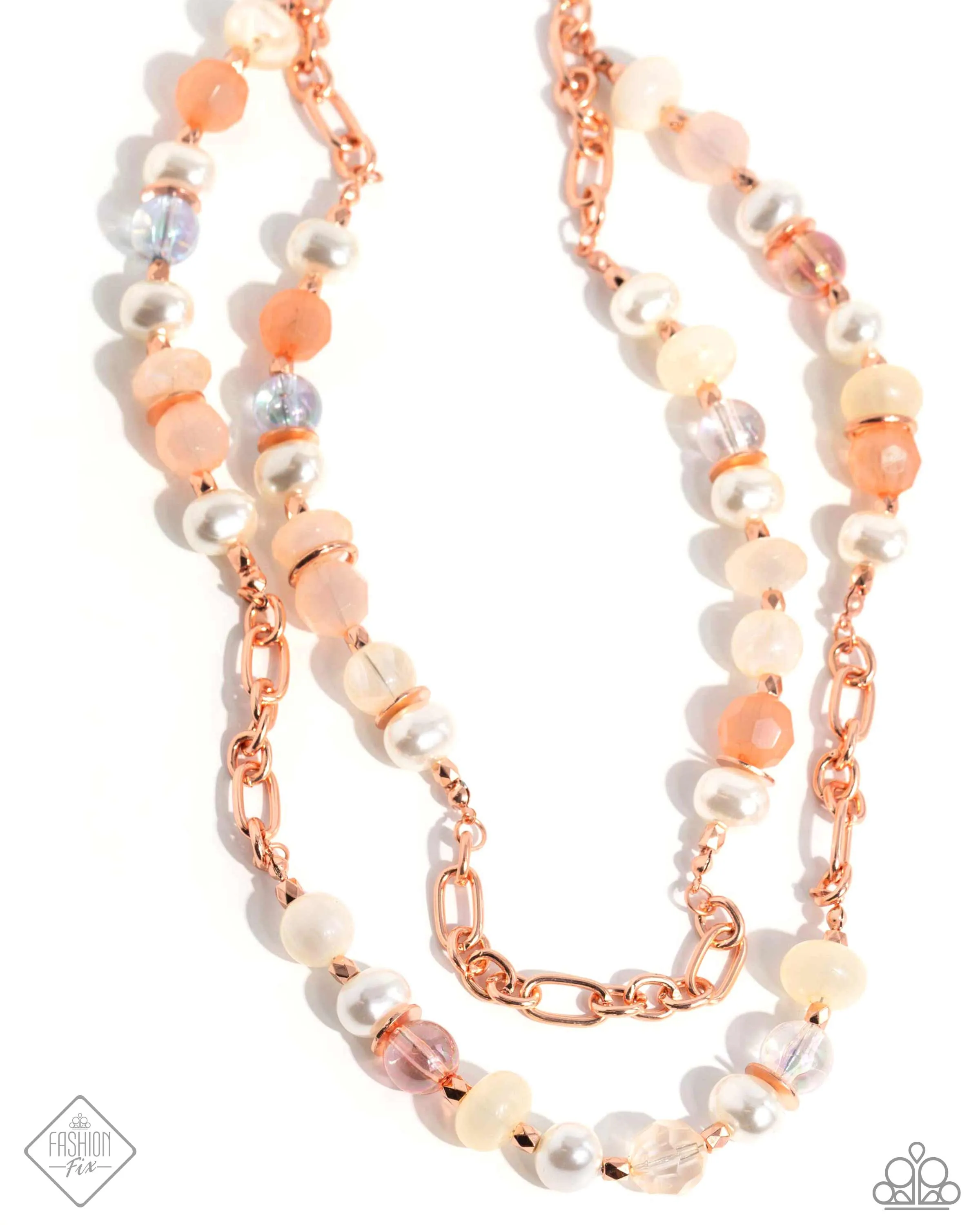 Crack of Dawn - Copper - Ivory, Peach, and Pink Beads with White Pearls Tiered Paparazzi Short Necklace - May 2024 Glimpses of Malibu Trend Blend Fashion Fix Collection May 2024 Glimpses of Malibu