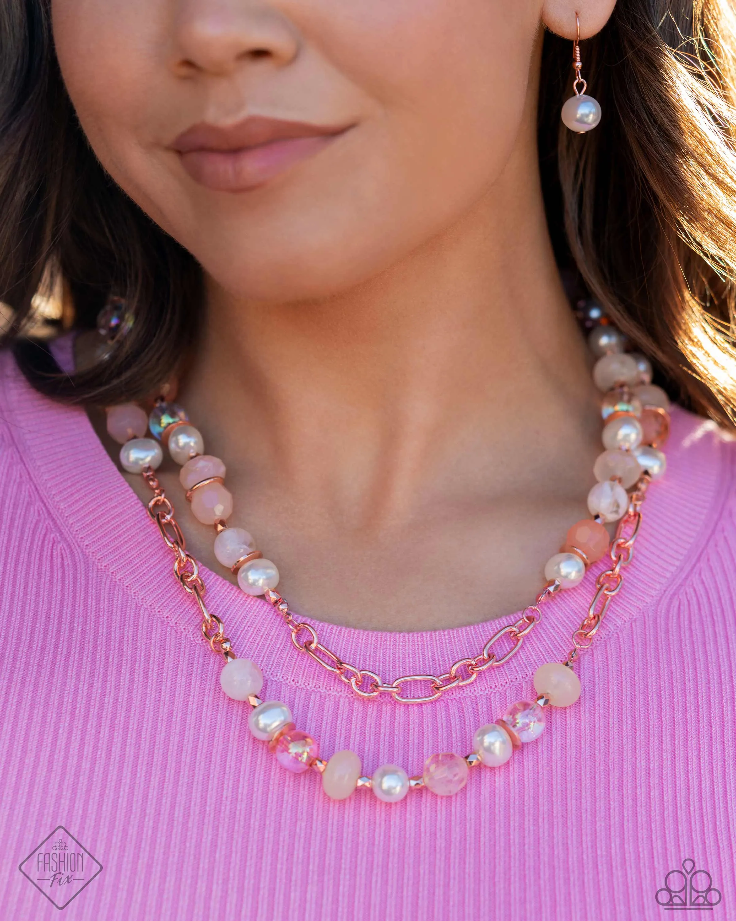 Crack of Dawn - Copper - Ivory, Peach, and Pink Beads with White Pearls Tiered Paparazzi Short Necklace - May 2024 Glimpses of Malibu Trend Blend Fashion Fix Collection May 2024 Glimpses of Malibu