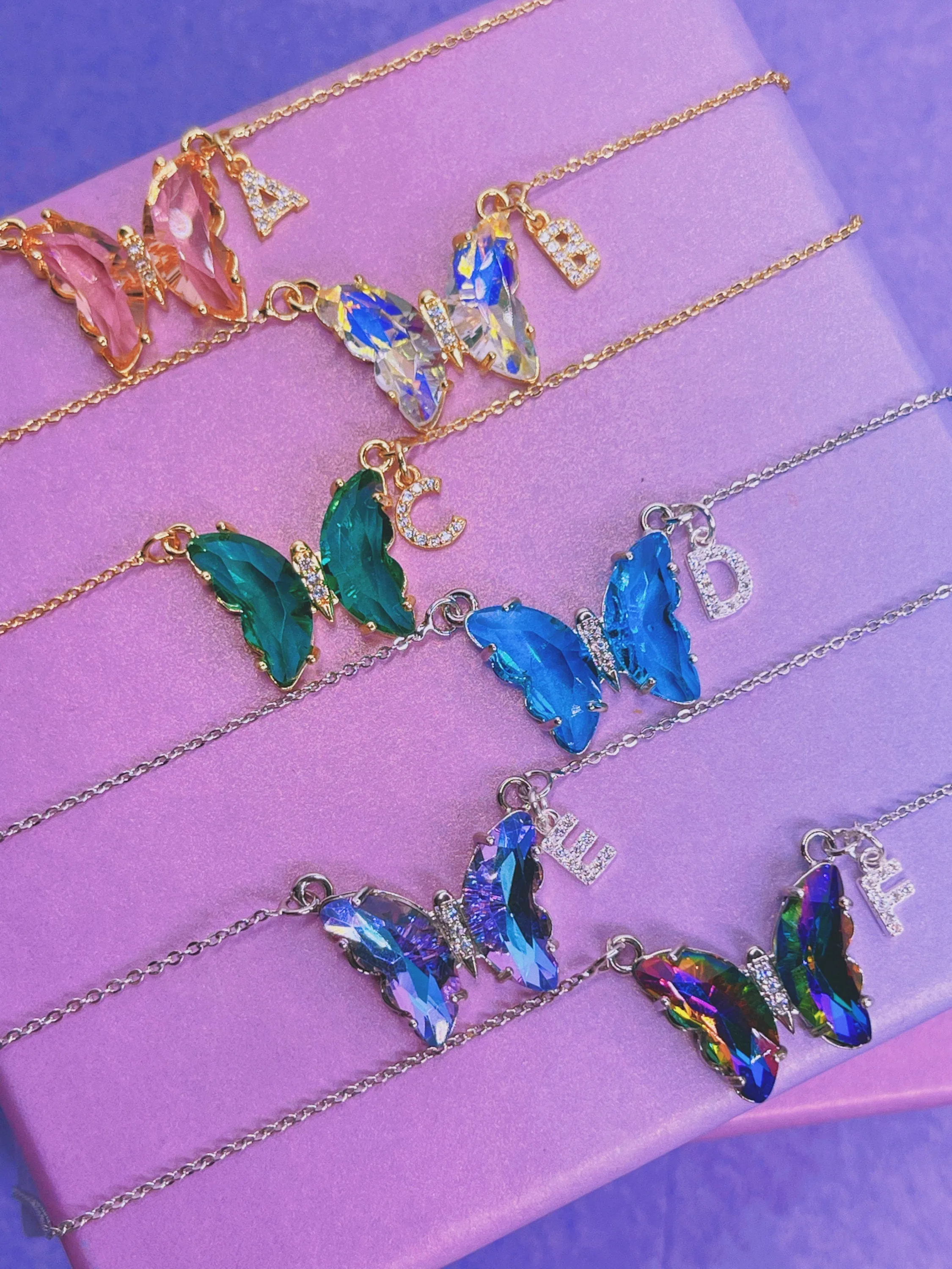 Crystal Glass Butterfly Necklace   Initial Charm