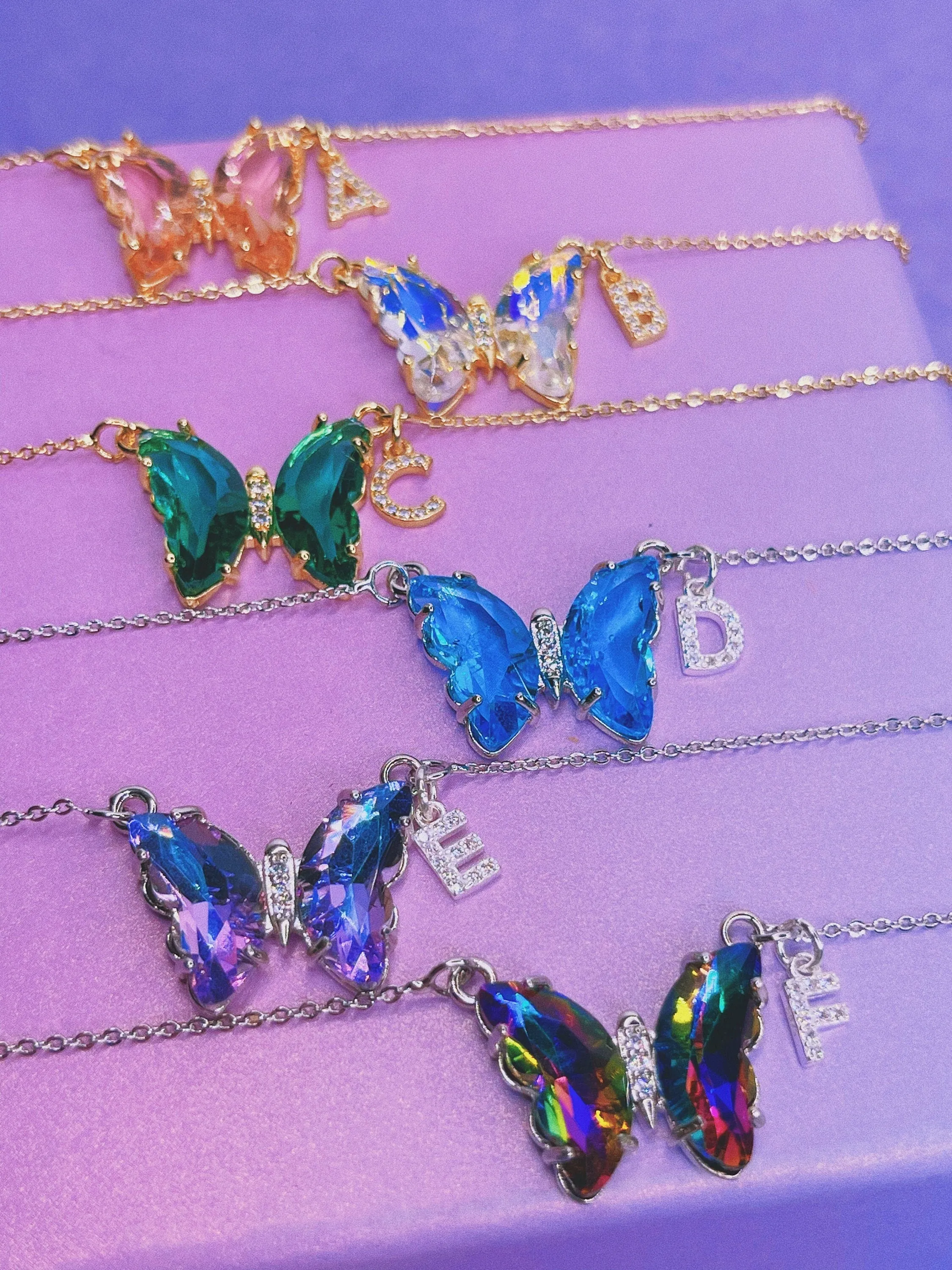 Crystal Glass Butterfly Necklace   Initial Charm