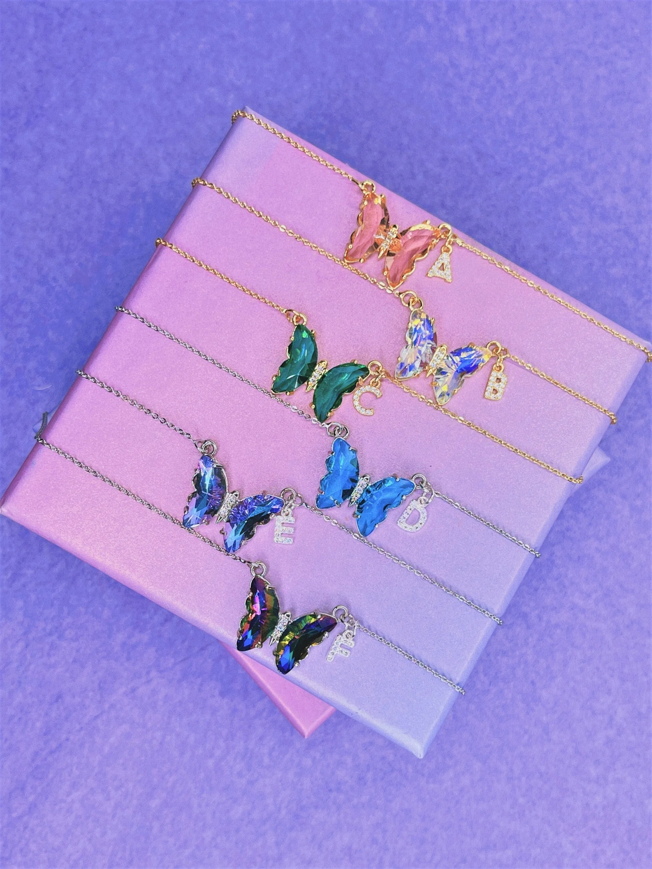 Crystal Glass Butterfly Necklace   Initial Charm