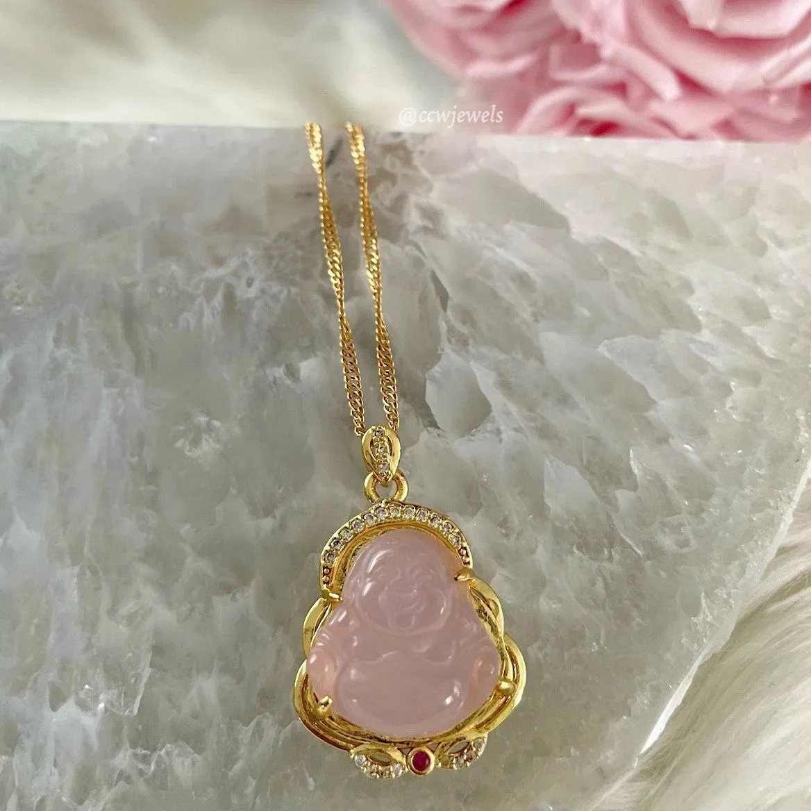 Cubic Zirconia Crowned Pink & Gold Buddha Necklace