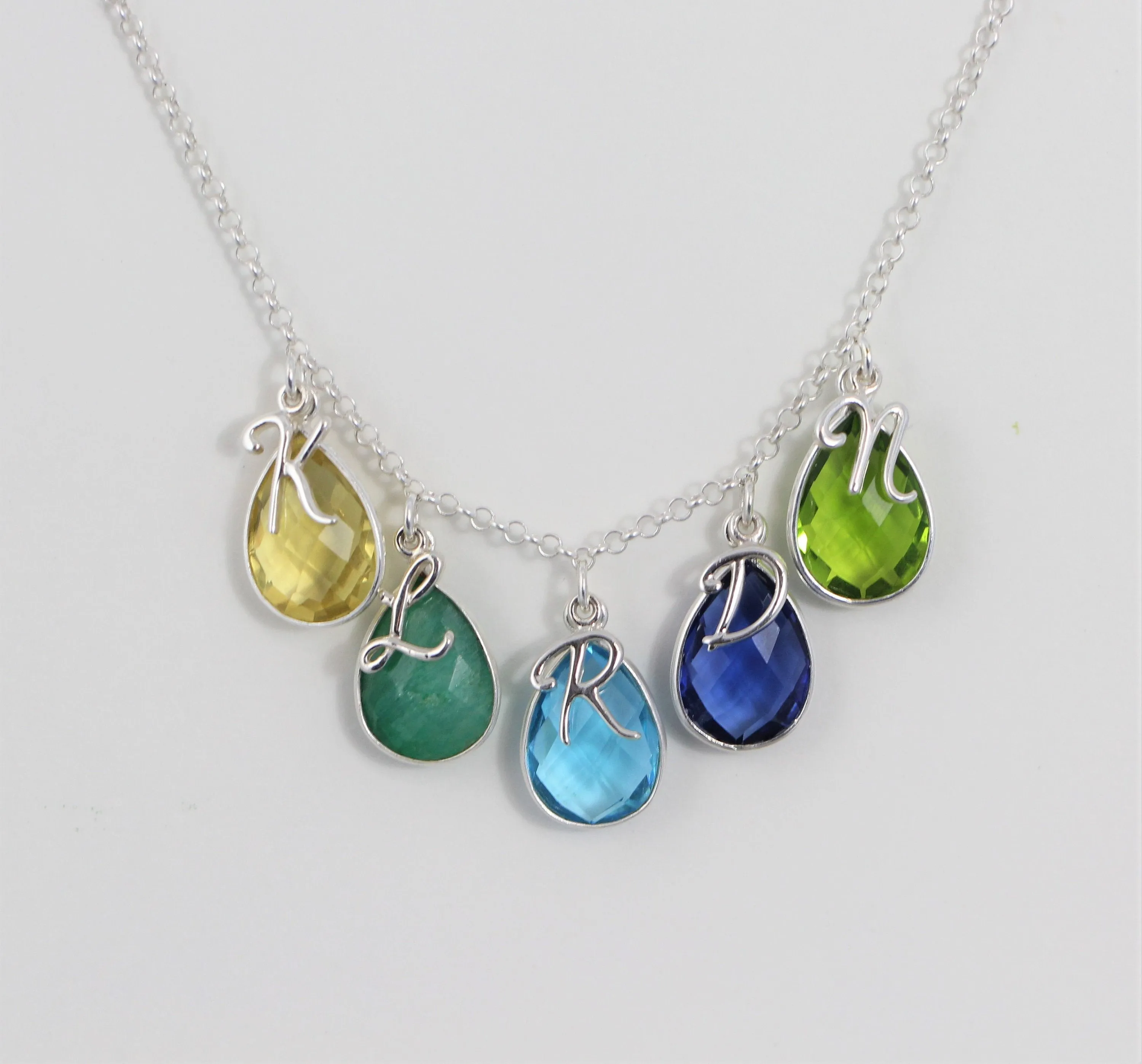 Custom Mothers Necklace, Jewelry for Grandma with Birthstones and Initials in Sterling Silver