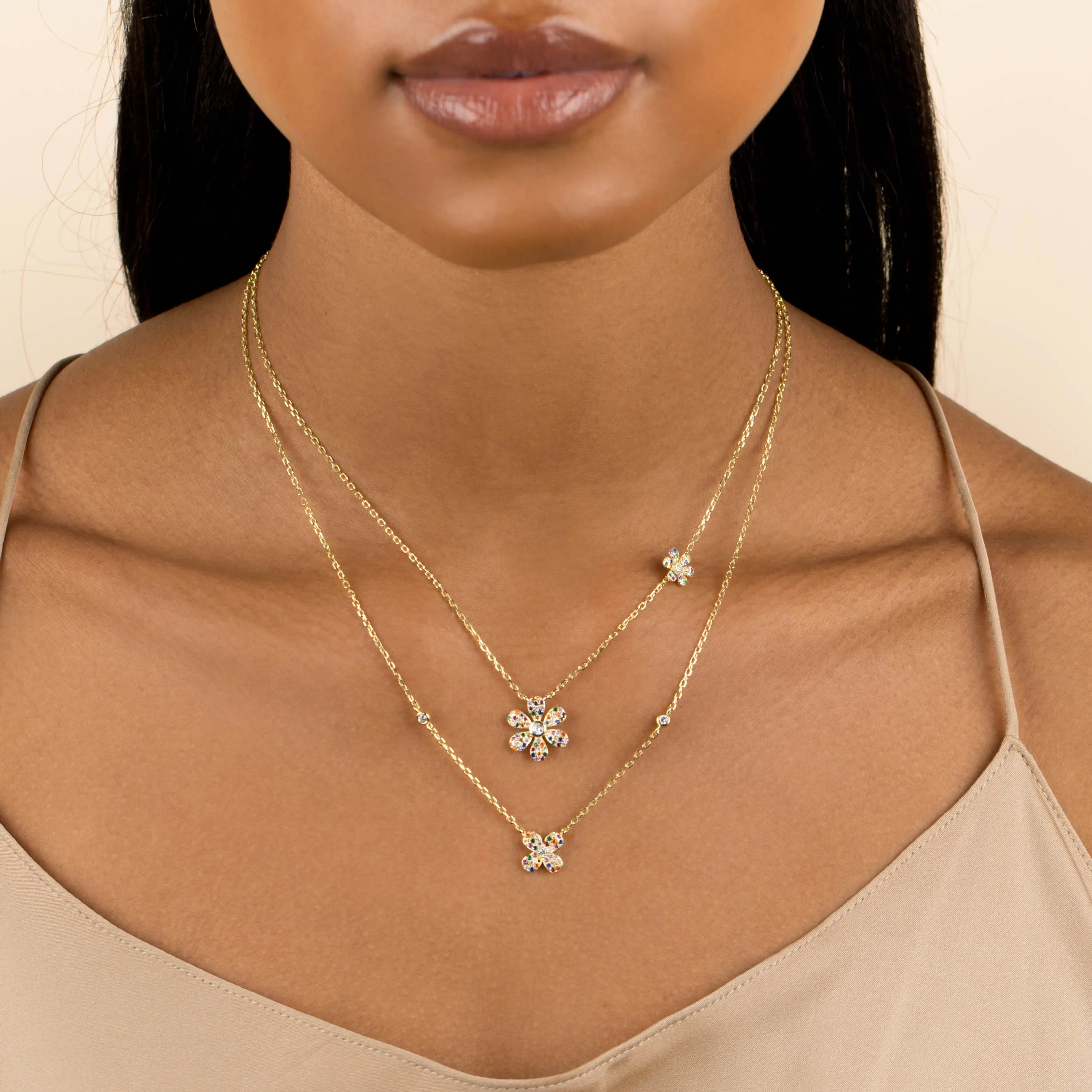 CZ Rainbow Double Flower Necklace