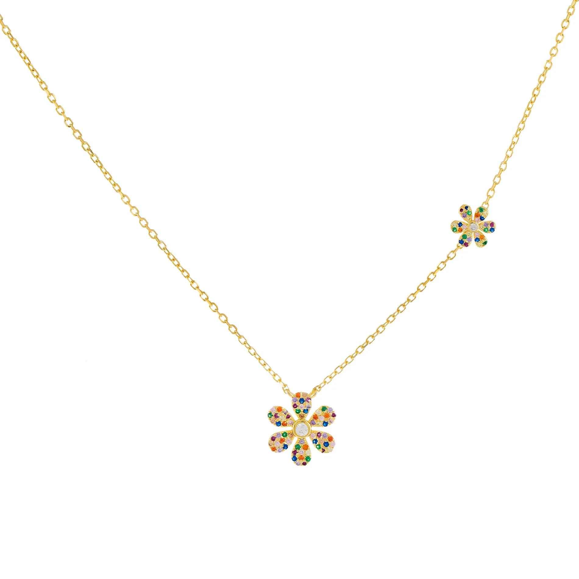 CZ Rainbow Double Flower Necklace