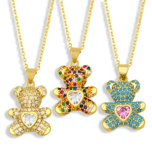 Dainty Colorful CZ Teddy Bear Pendant Gold Chain Necklace