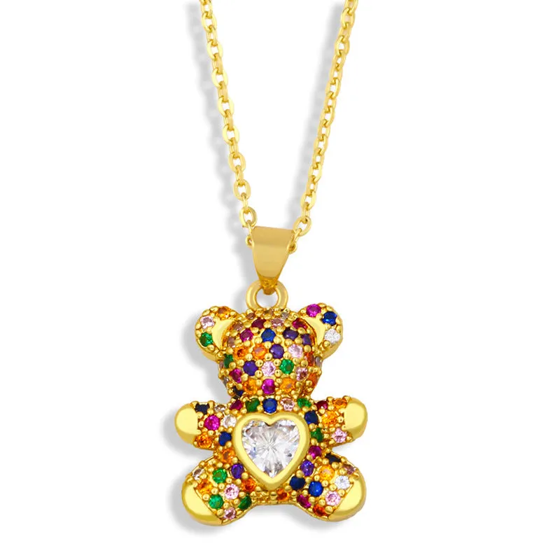 Dainty Colorful CZ Teddy Bear Pendant Gold Chain Necklace