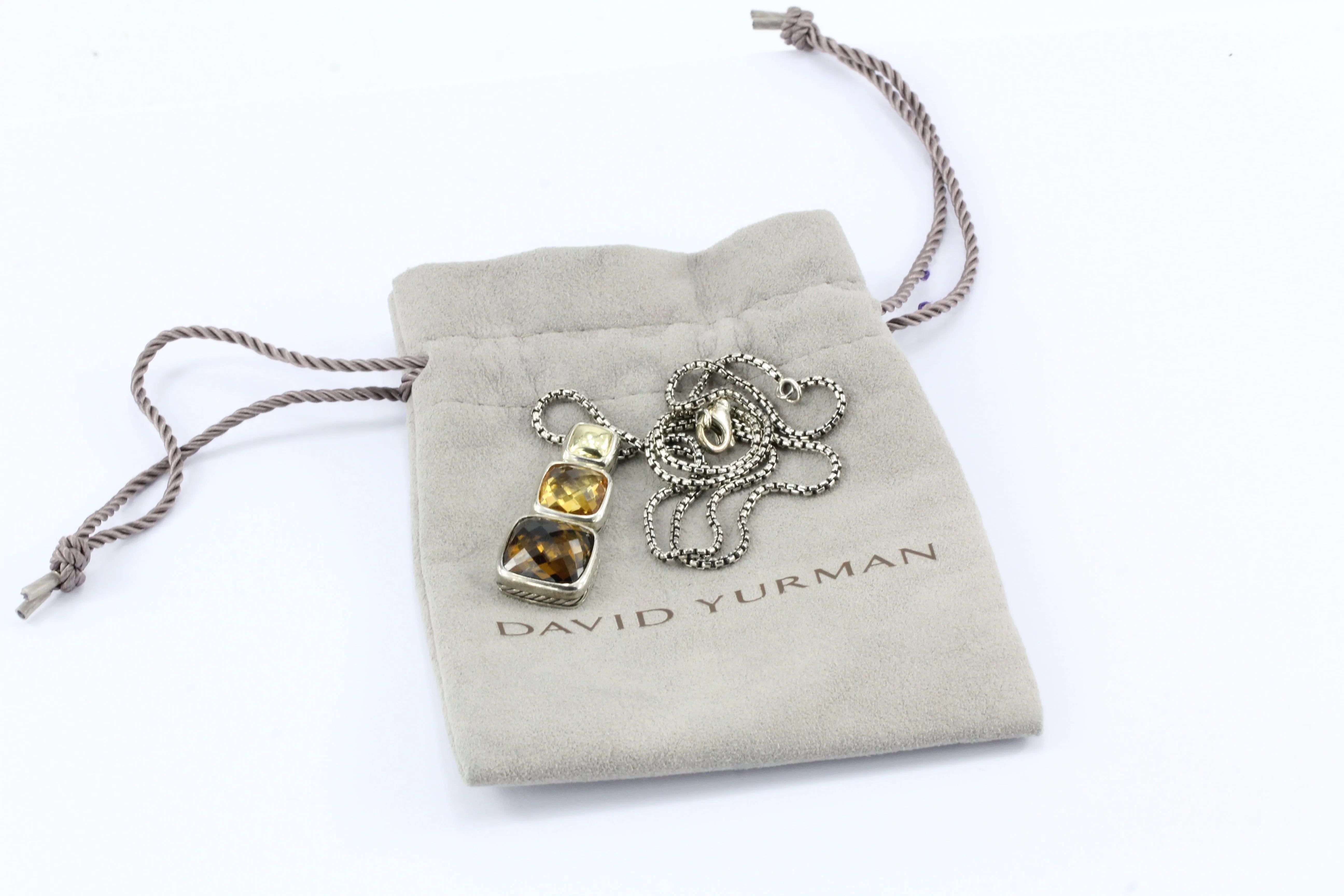 David Yurman Sterling Silver 18K Gold Citrine Smoky Quartz Pendant Necklace