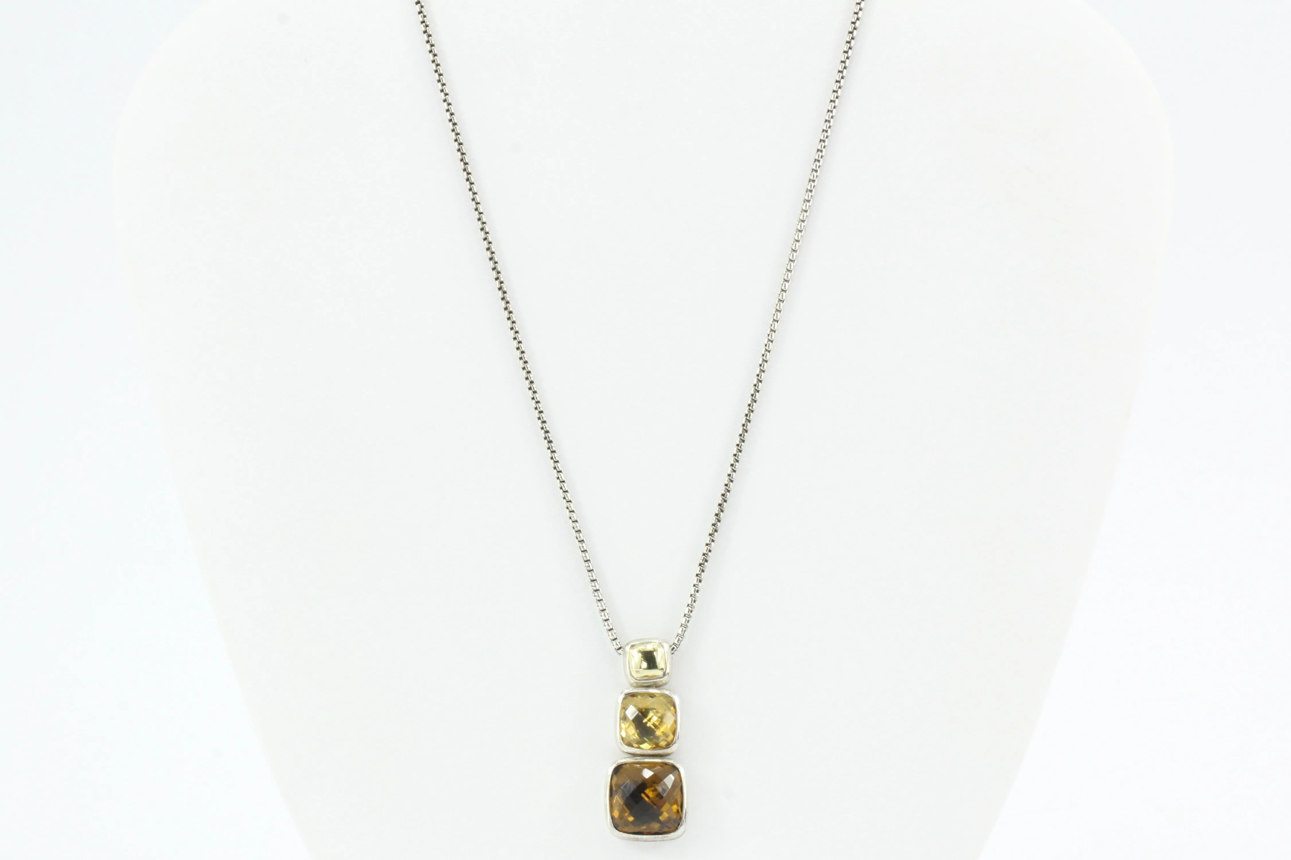 David Yurman Sterling Silver 18K Gold Citrine Smoky Quartz Pendant Necklace
