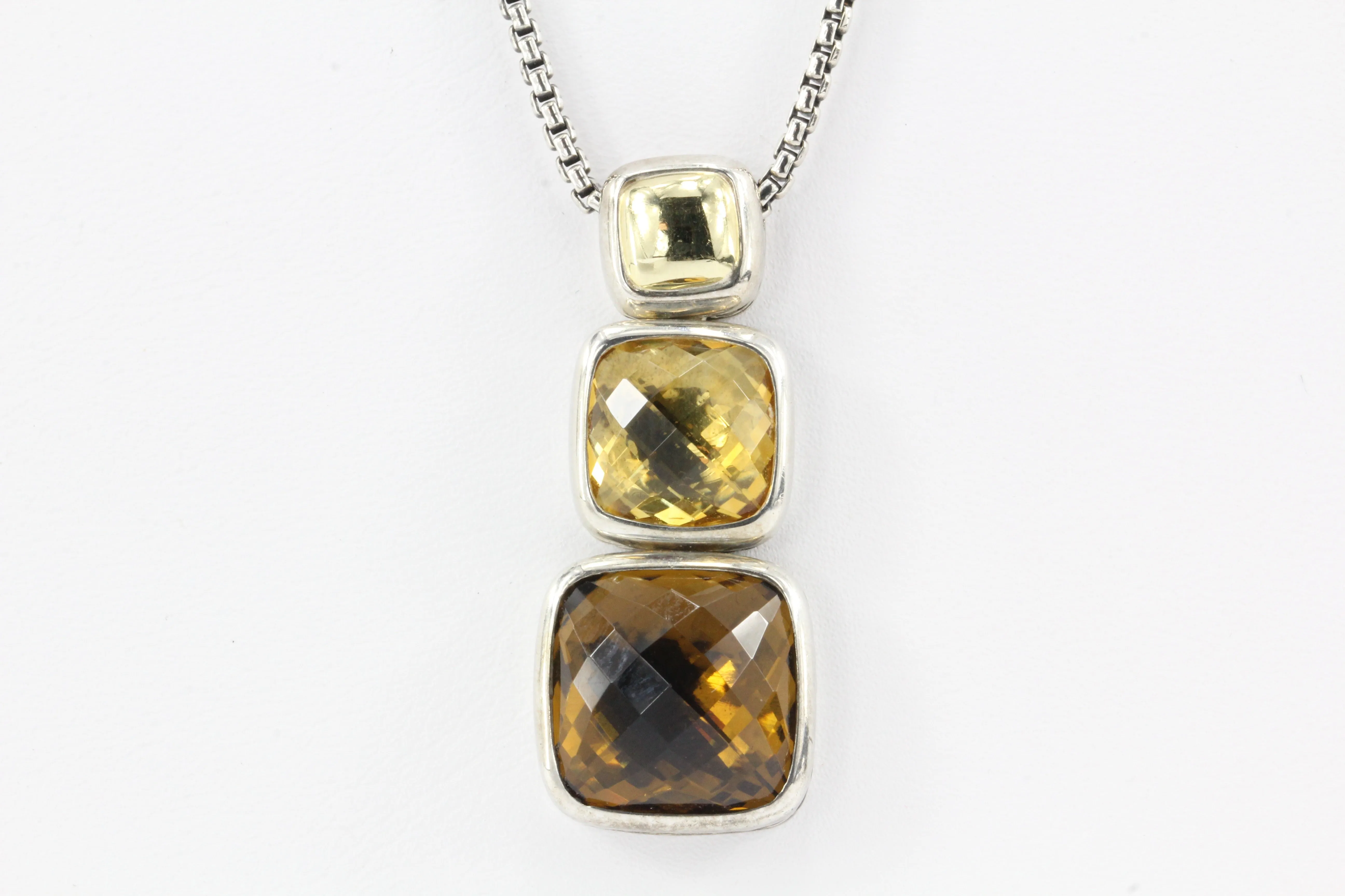 David Yurman Sterling Silver 18K Gold Citrine Smoky Quartz Pendant Necklace