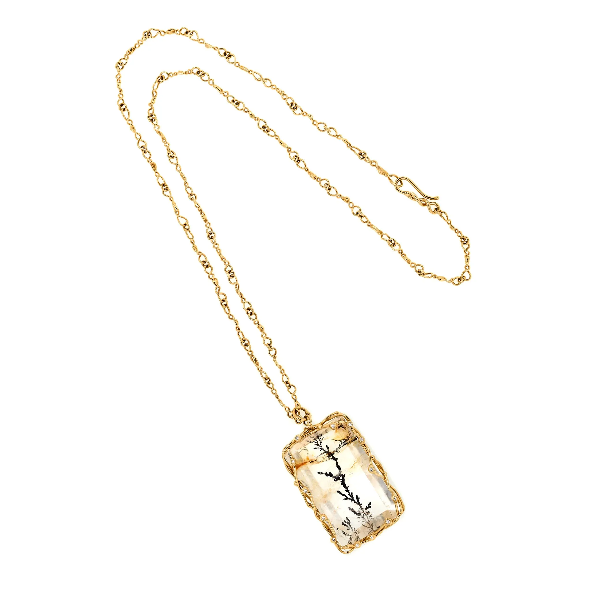 Dendritic rectangular quartz pendant in 18k yellow gold vine.