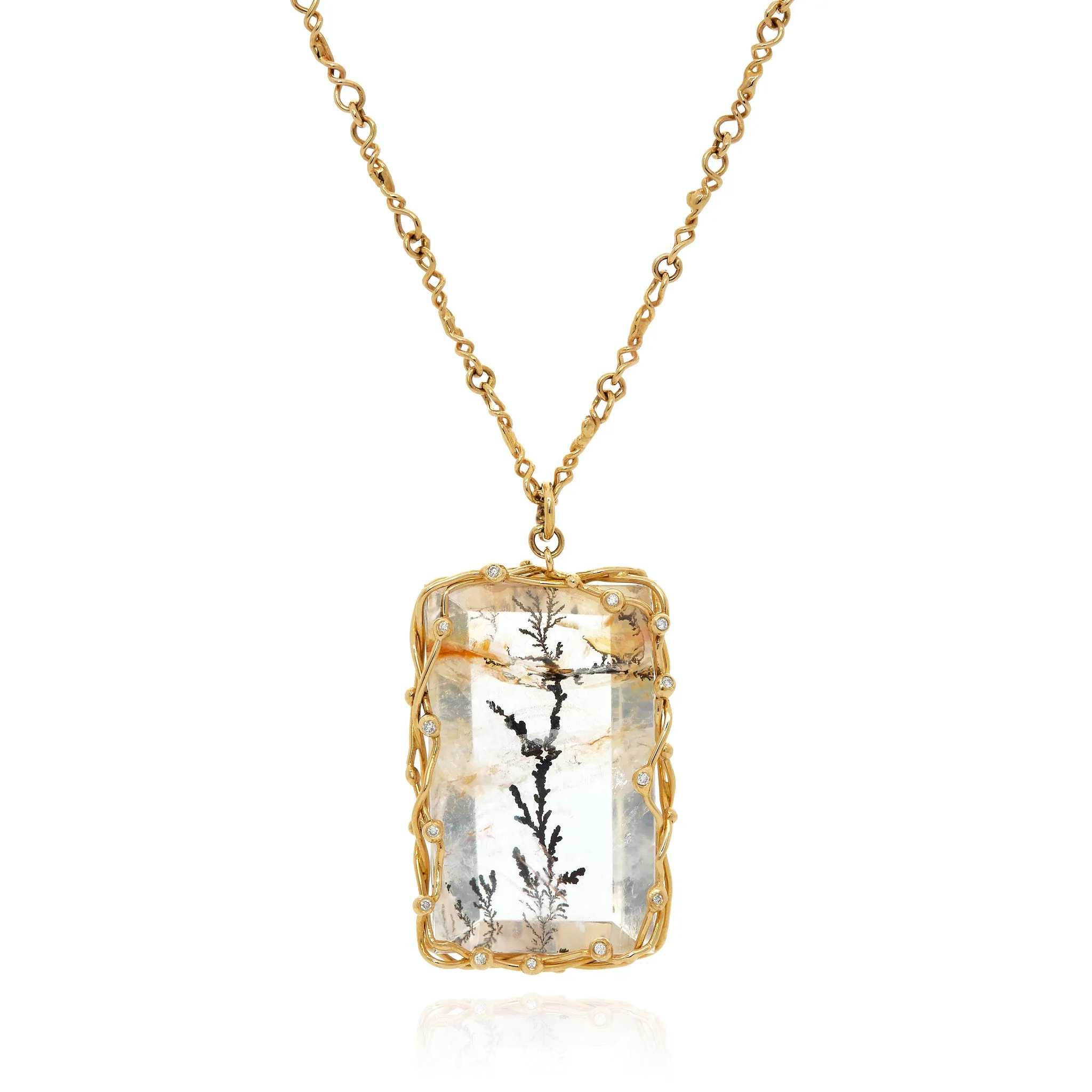 Dendritic rectangular quartz pendant in 18k yellow gold vine.