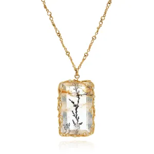 Dendritic rectangular quartz pendant in 18k yellow gold vine.