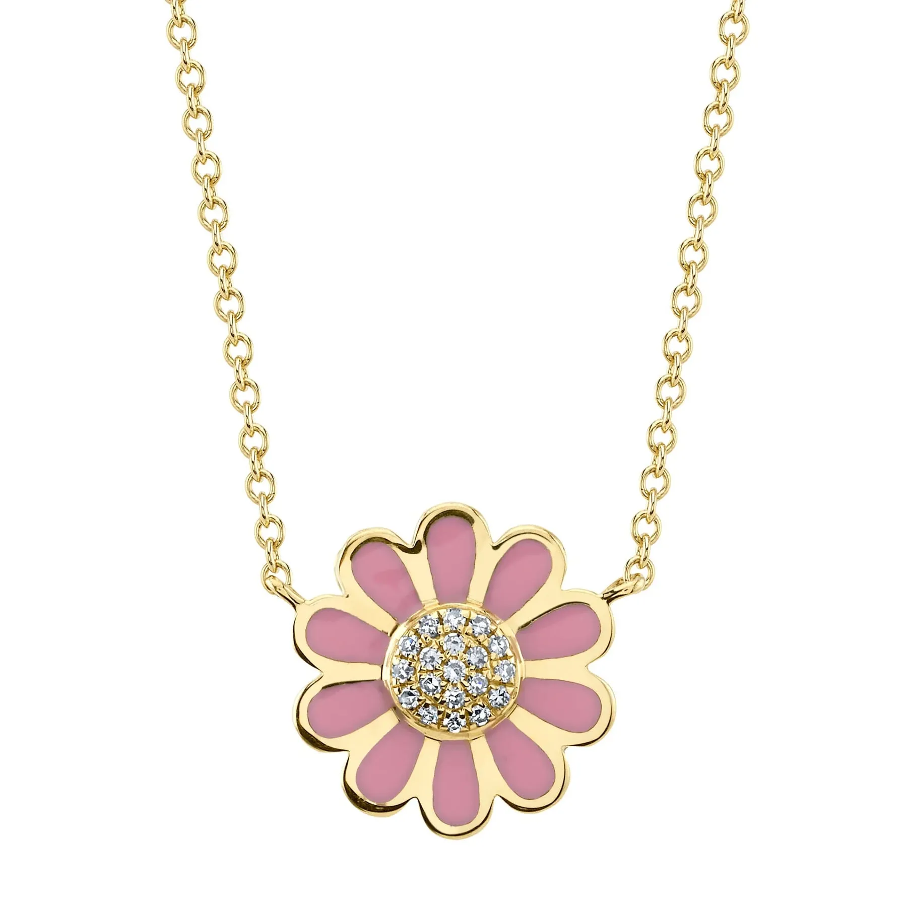 Diamond & Pink Enamel Flower Necklace