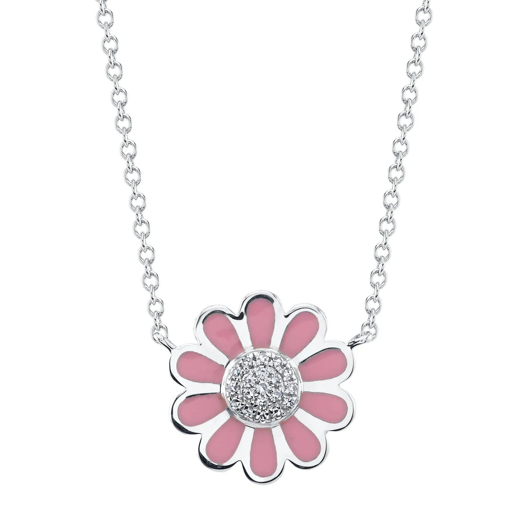 Diamond & Pink Enamel Flower Necklace