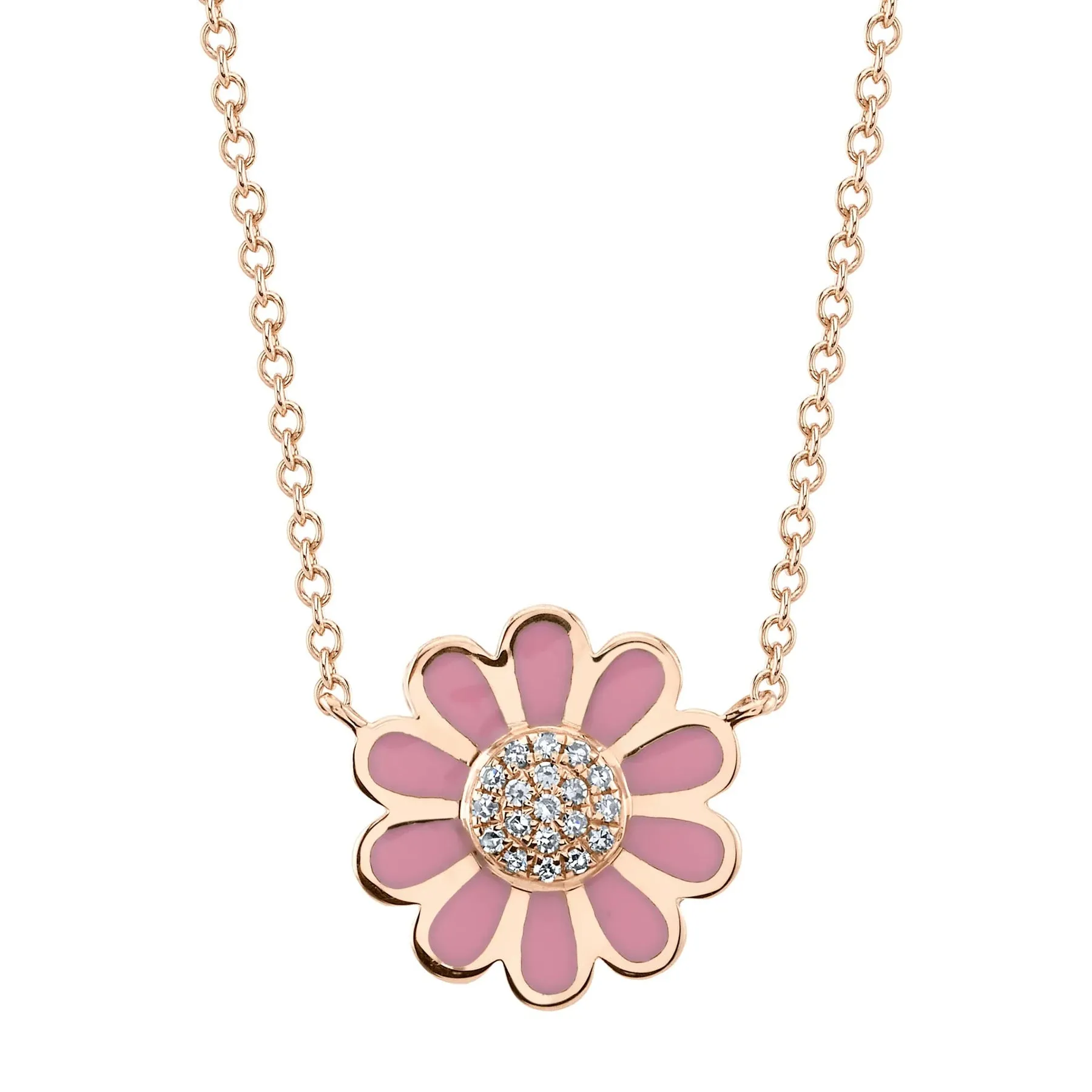Diamond & Pink Enamel Flower Necklace