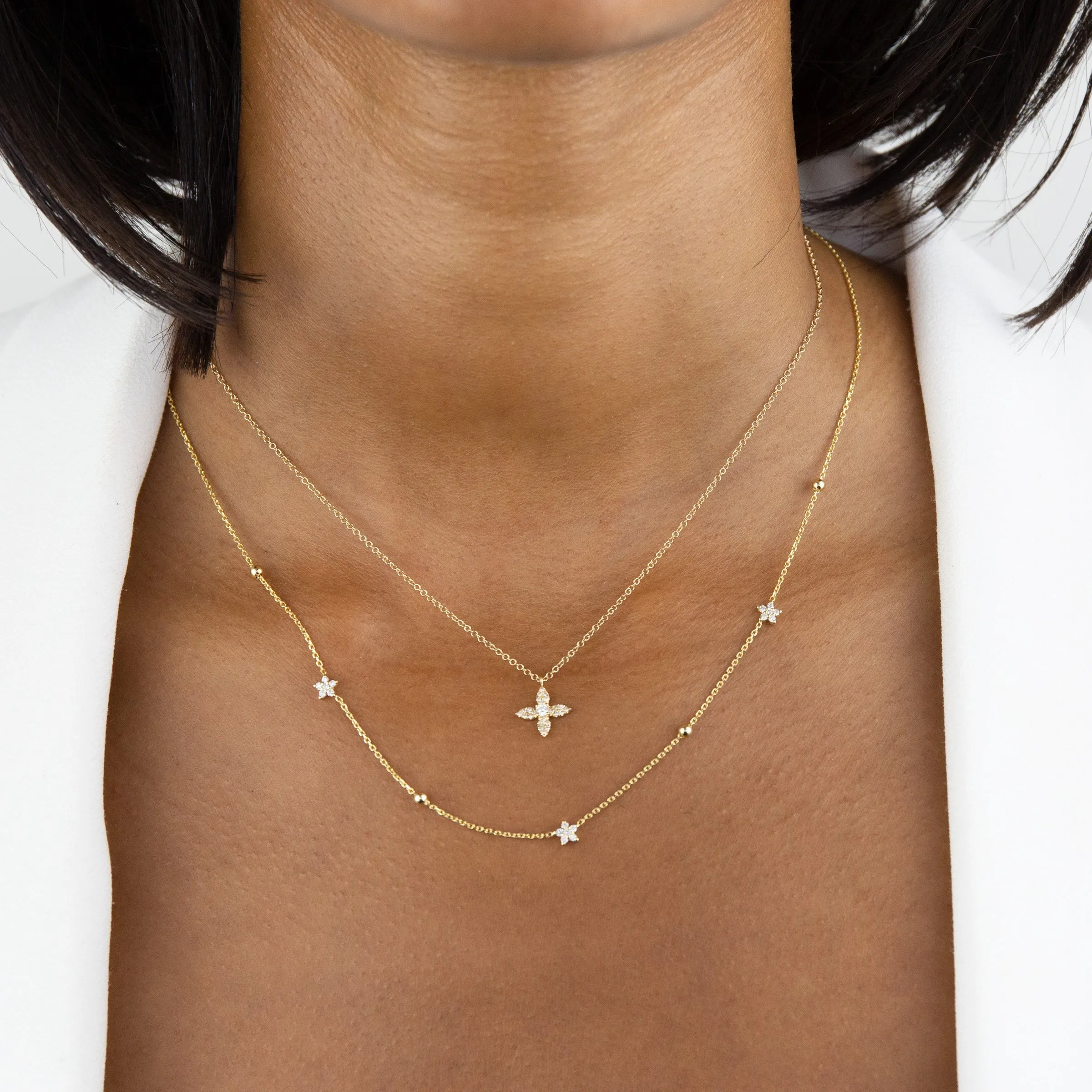 Diamond Flower X Ball Chain Necklace 14K