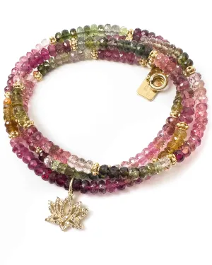 Diamond Lotus Flower & Watermelon Tourmaline Strand Necklace