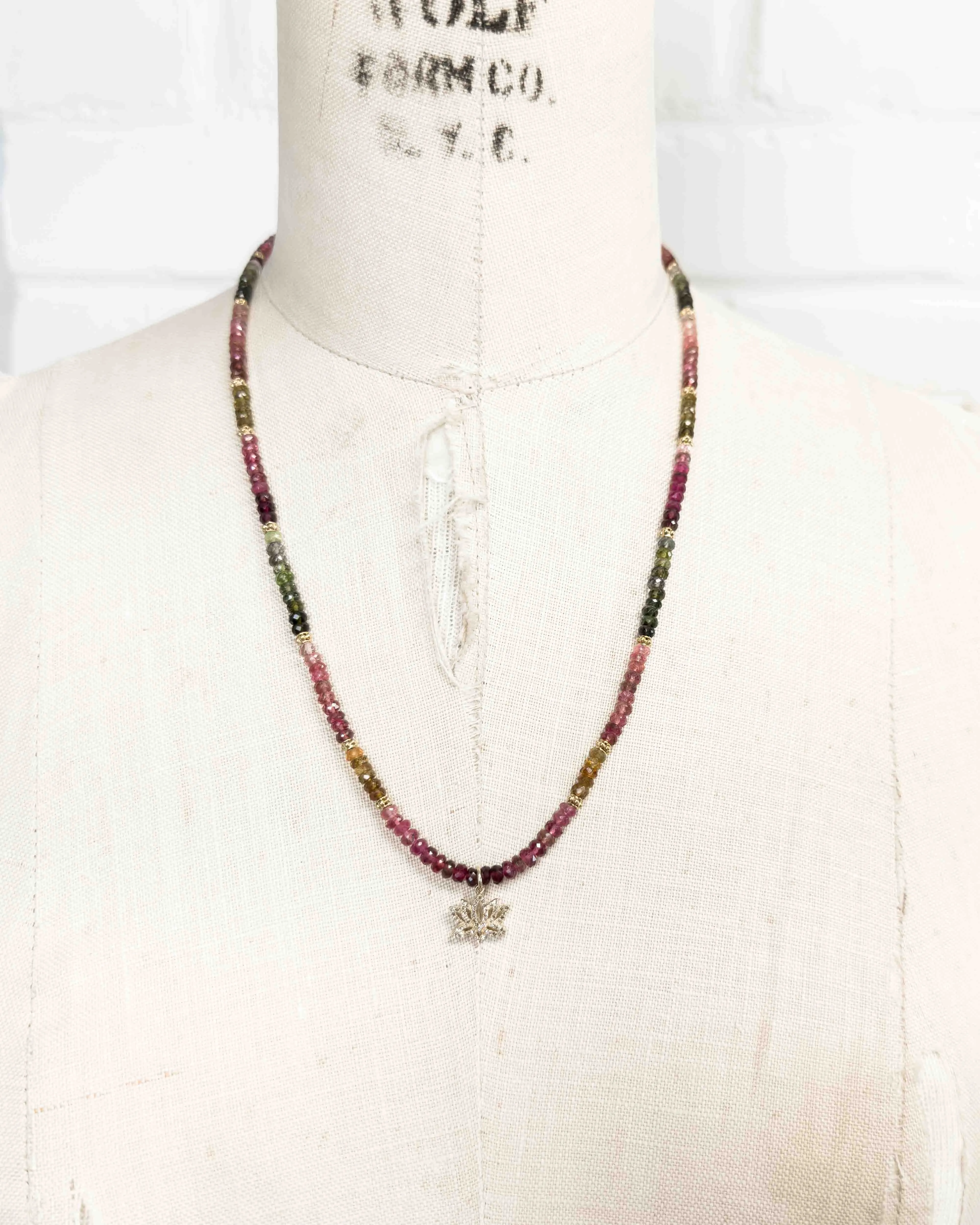Diamond Lotus Flower & Watermelon Tourmaline Strand Necklace