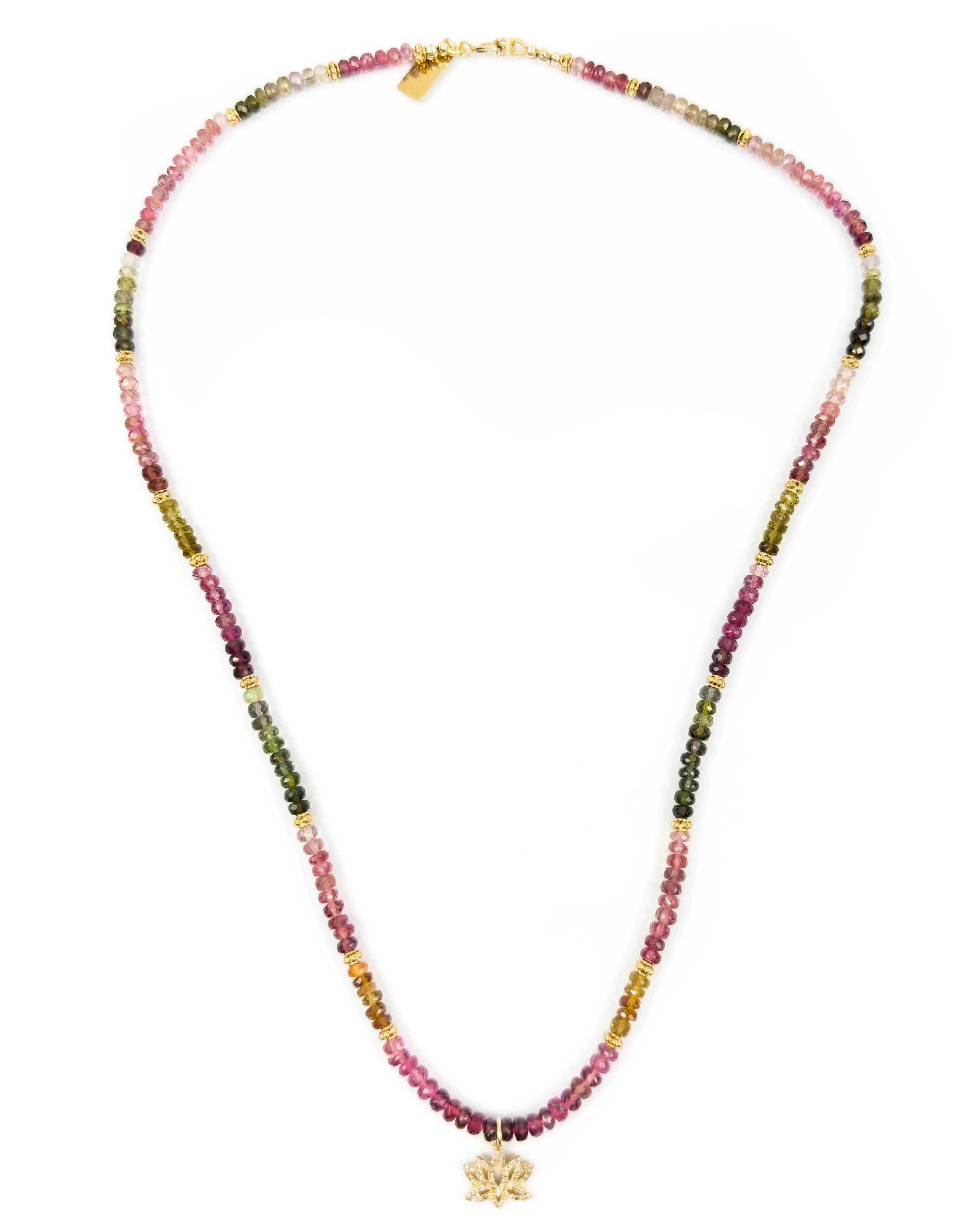 Diamond Lotus Flower & Watermelon Tourmaline Strand Necklace