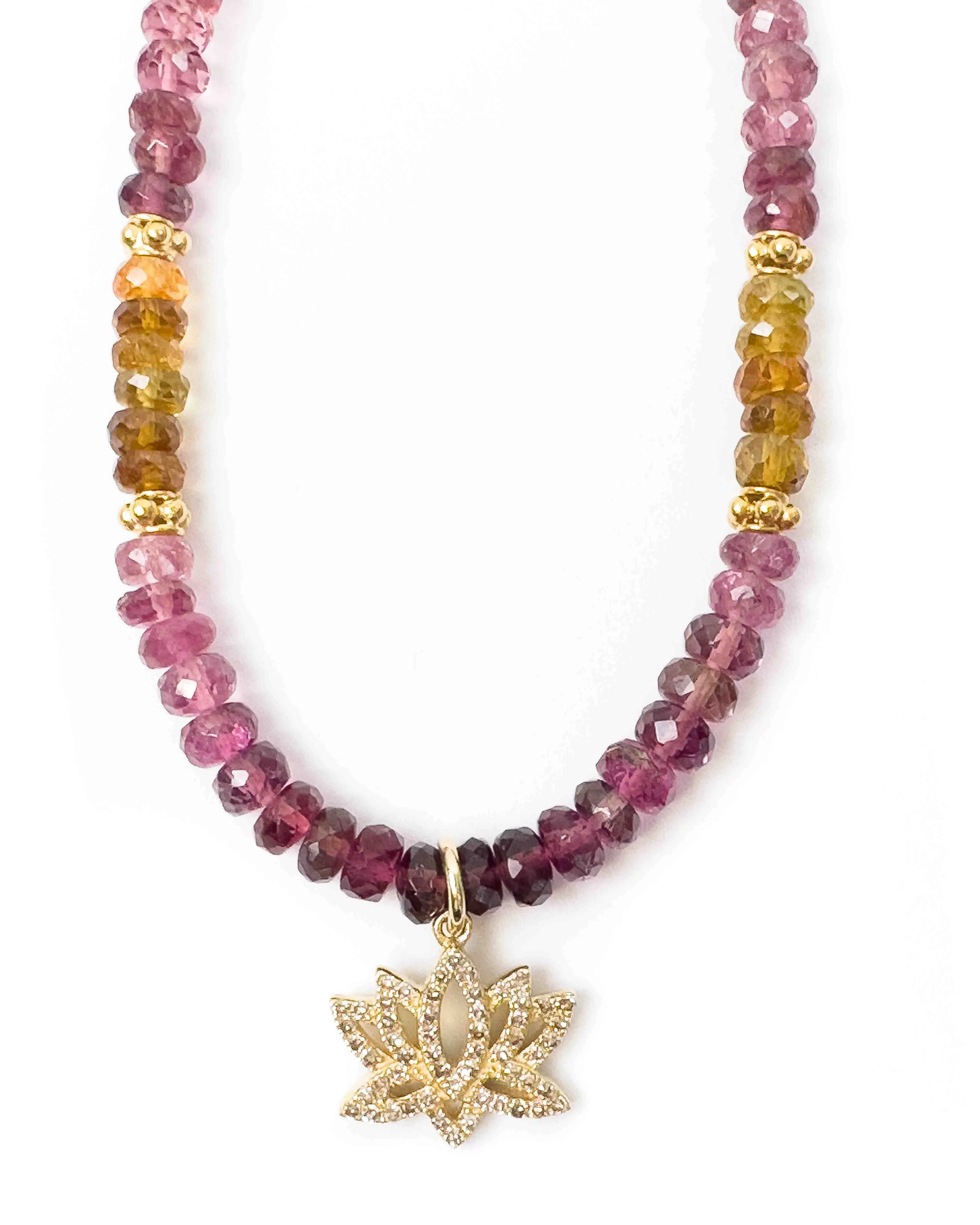 Diamond Lotus Flower & Watermelon Tourmaline Strand Necklace