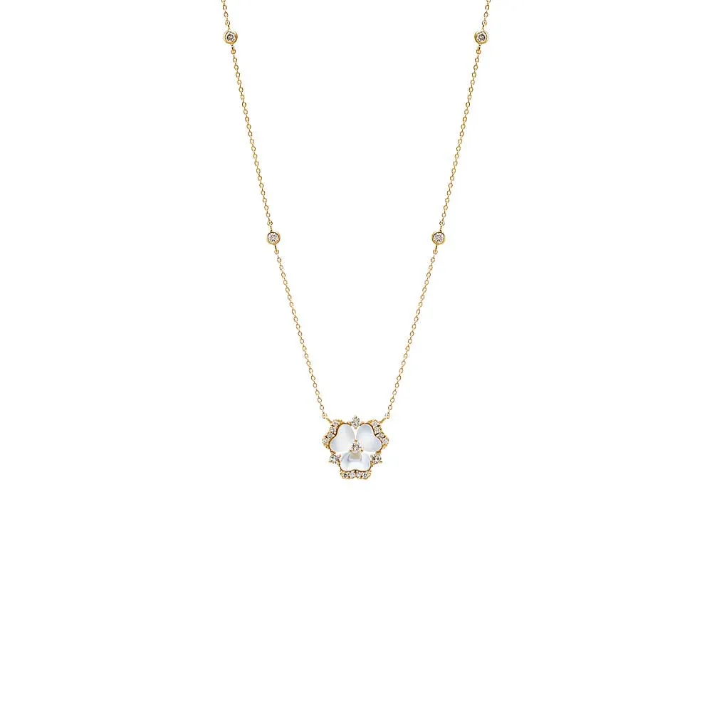 Diamond Pave Mother Of Pearl Flower Necklace 14K