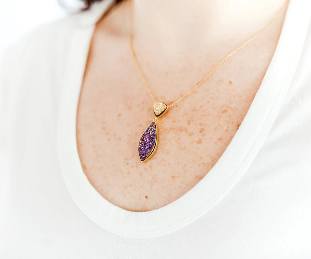 Double Drop Marquise Platinum & Purple Druzy Necklace