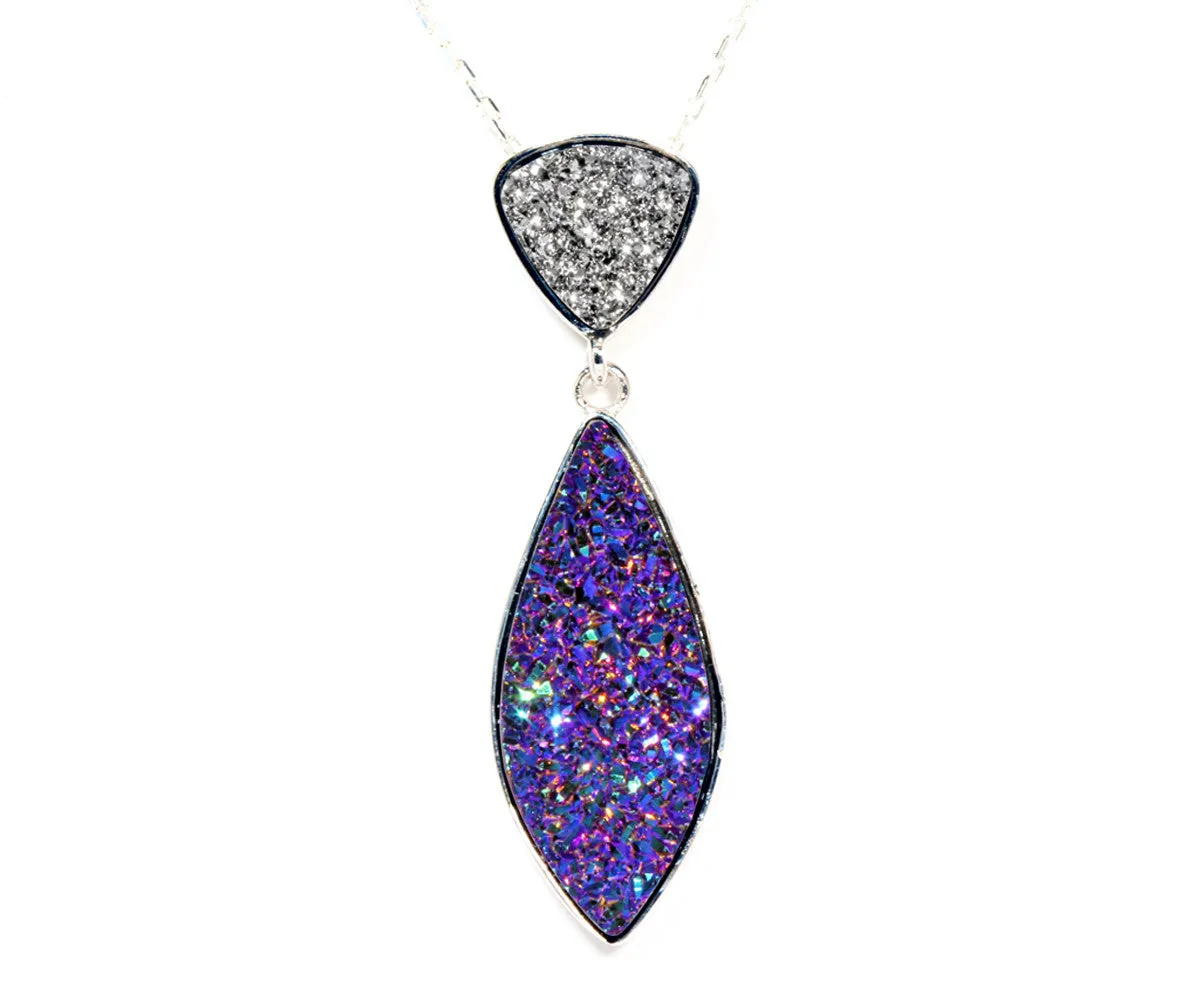 Double Drop Marquise Platinum & Purple Druzy Necklace