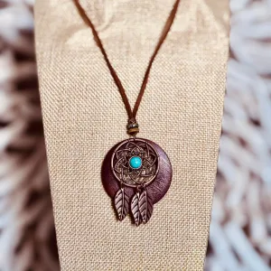 Dreamcatcher Pendant Necklace with Brown Leather Cord