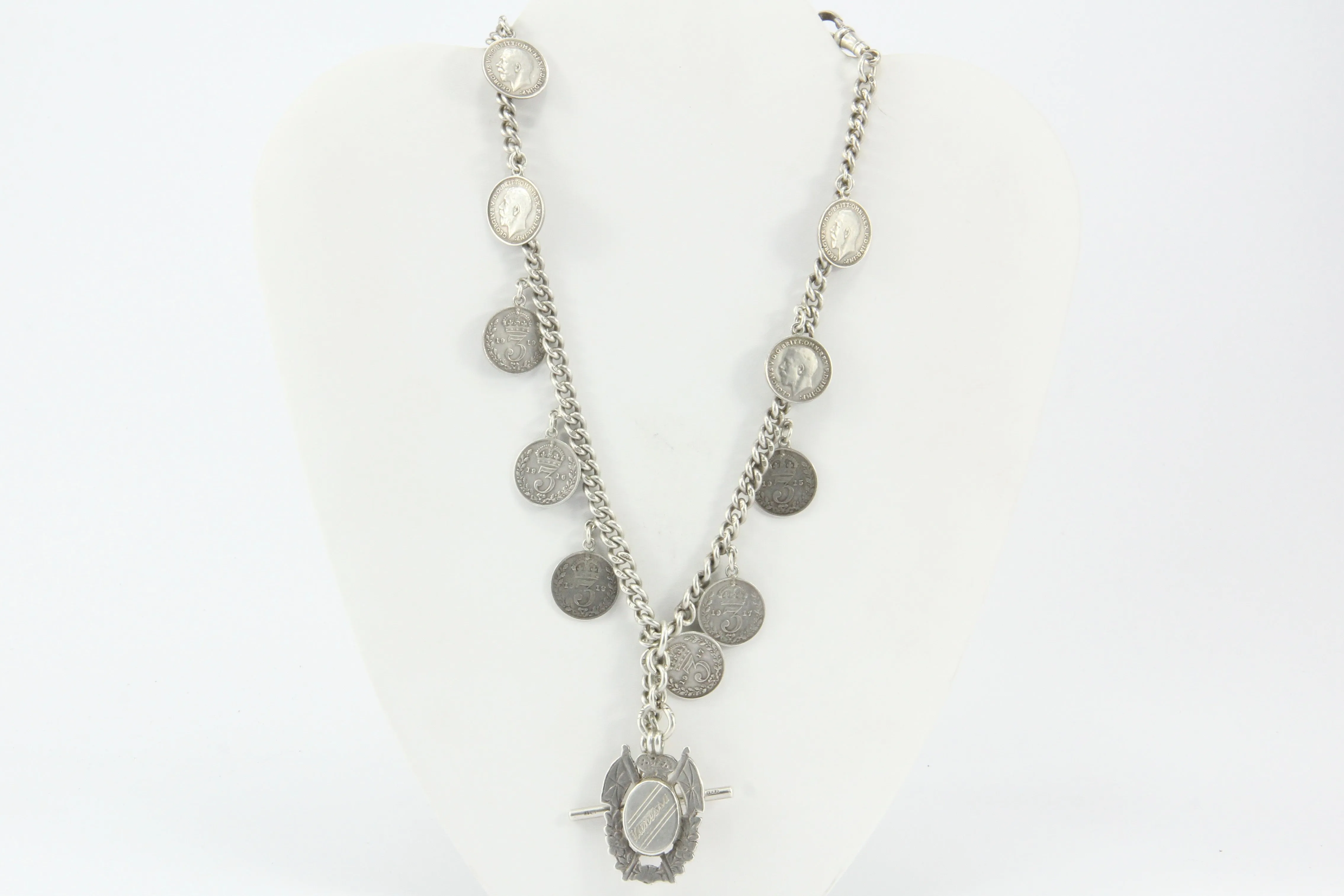 Edwardian Silver English Double Albert Watch Chain / Necklace c.1915