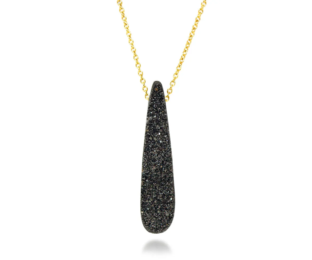 Elongated Teardrop Black Druzy 14K Gold Necklace