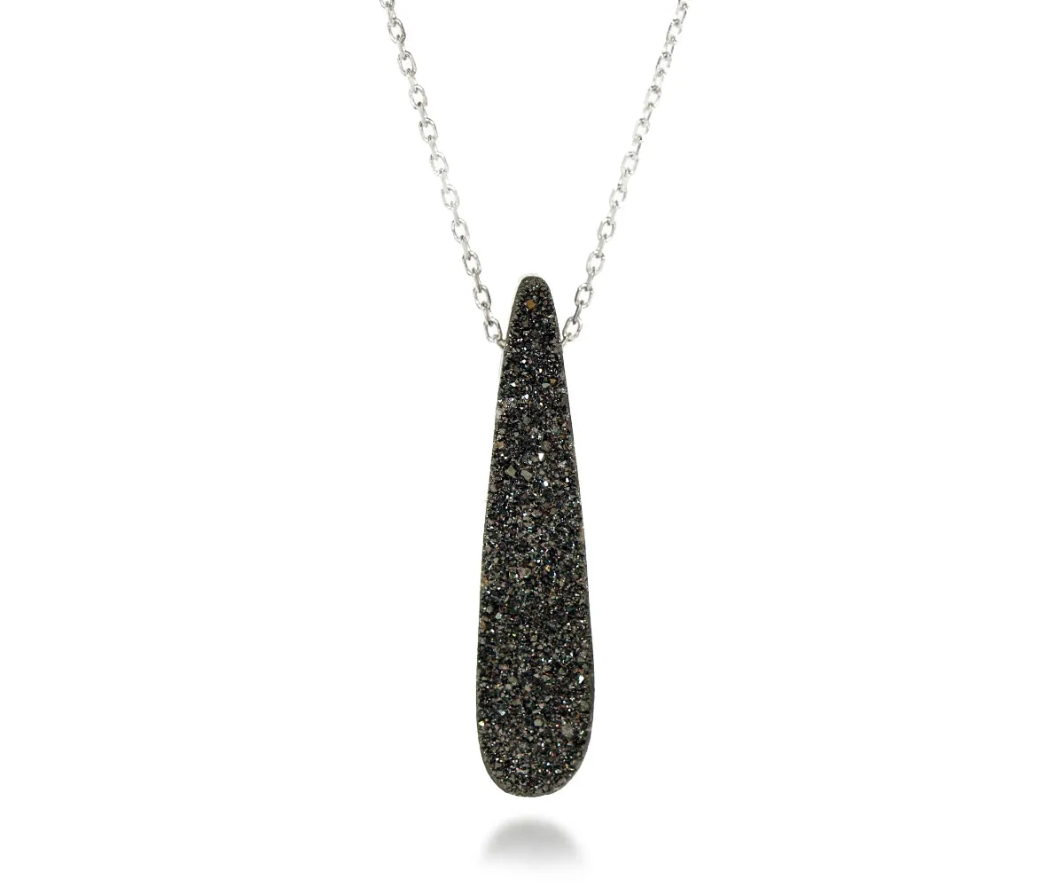 Elongated Teardrop Black Druzy Necklace