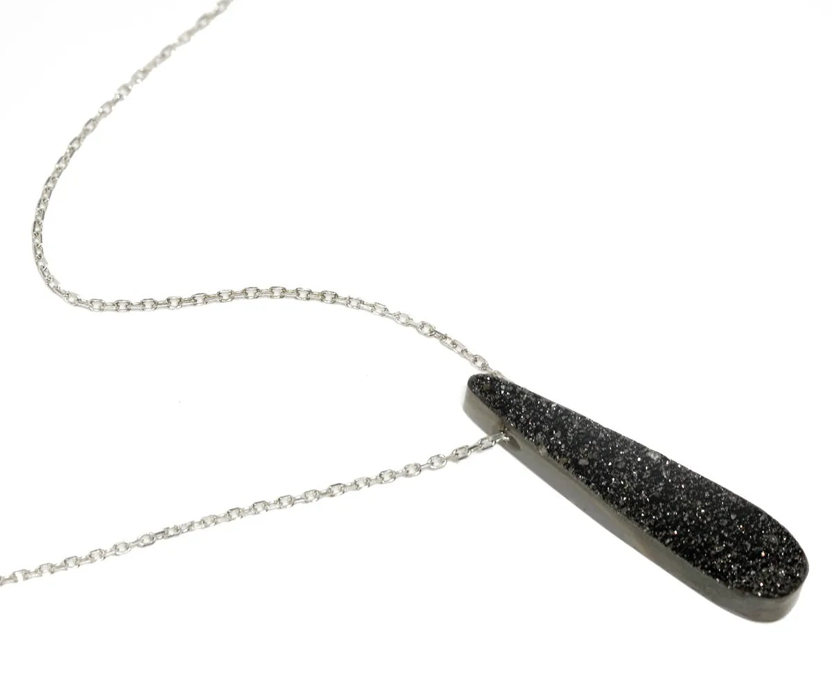 Elongated Teardrop Black Druzy Necklace